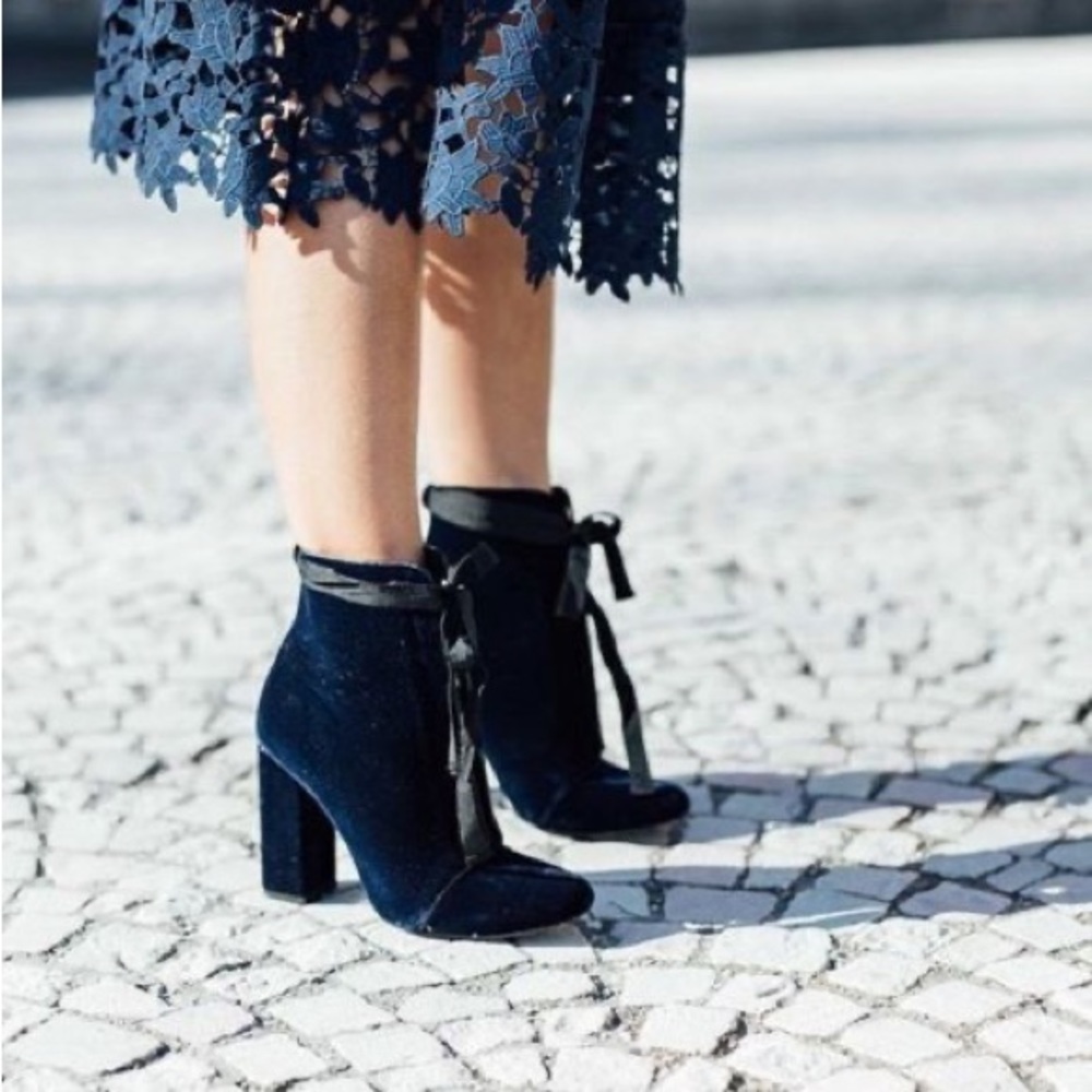 ZARA NAVY BLUE VELVET HIGH HEEL ANKLE BOOT BOOTIES SHOES WITH BOW 6